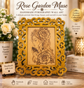Jardín de Rosas - arte en madera pirograbado, retrato de mujer con rosas y pajarito