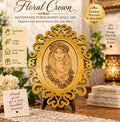Corona Floral - arte en madera pirograbado ovalado, retrato de mujer con corona de flores