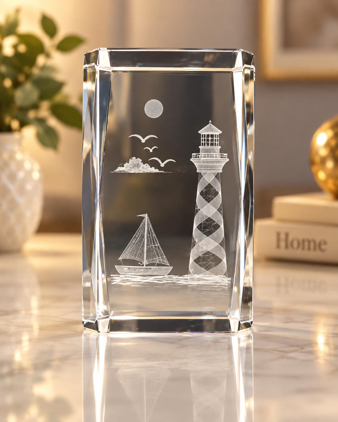 Cristal Grabado en 3D – Faro y Velero