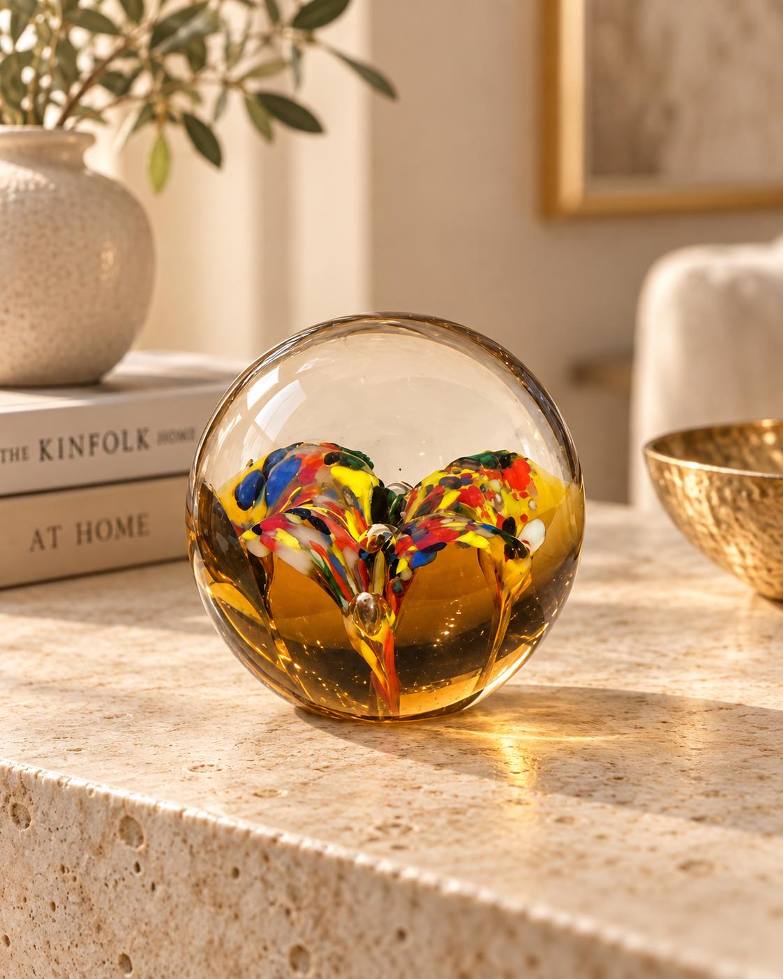 Pisapapeles de cristal artesanal - flor multicolor en ambar