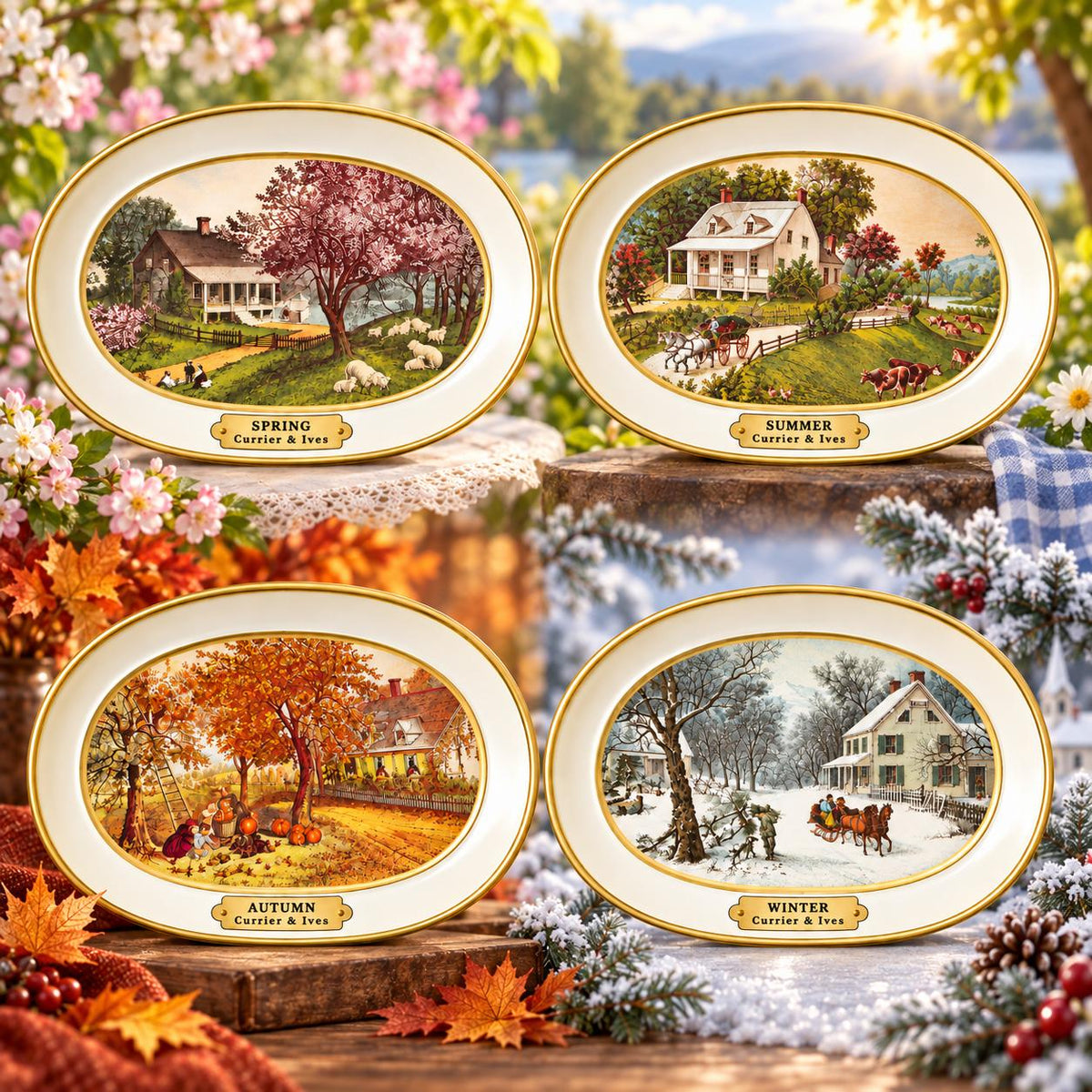 Juego de 4 Platos Currier & Ives – Revolución Americana 1776