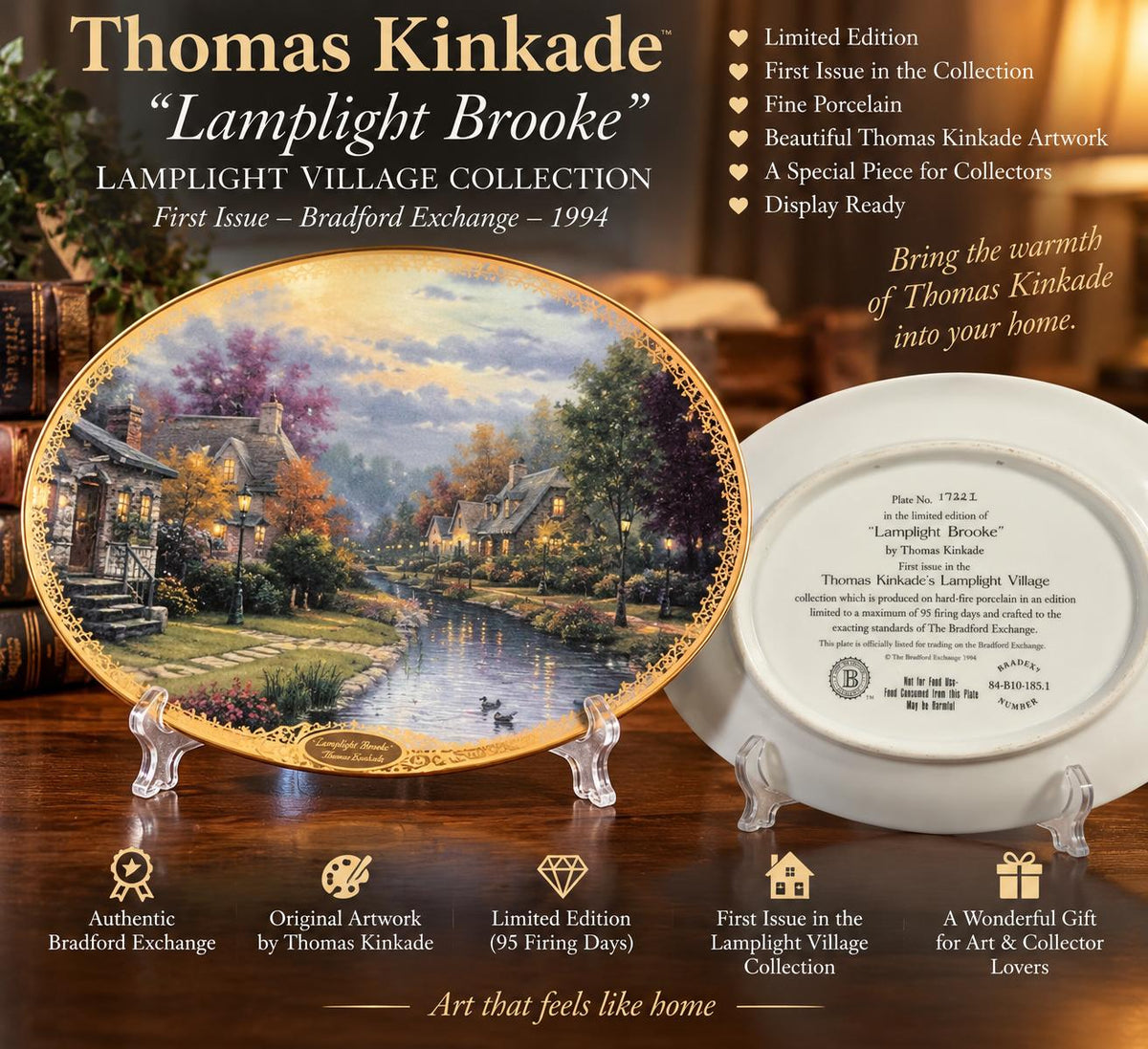Plato de Colección Thomas Kinkade “Lamplight Brooke” – Edición Limitada – Bradford Exchange 1994