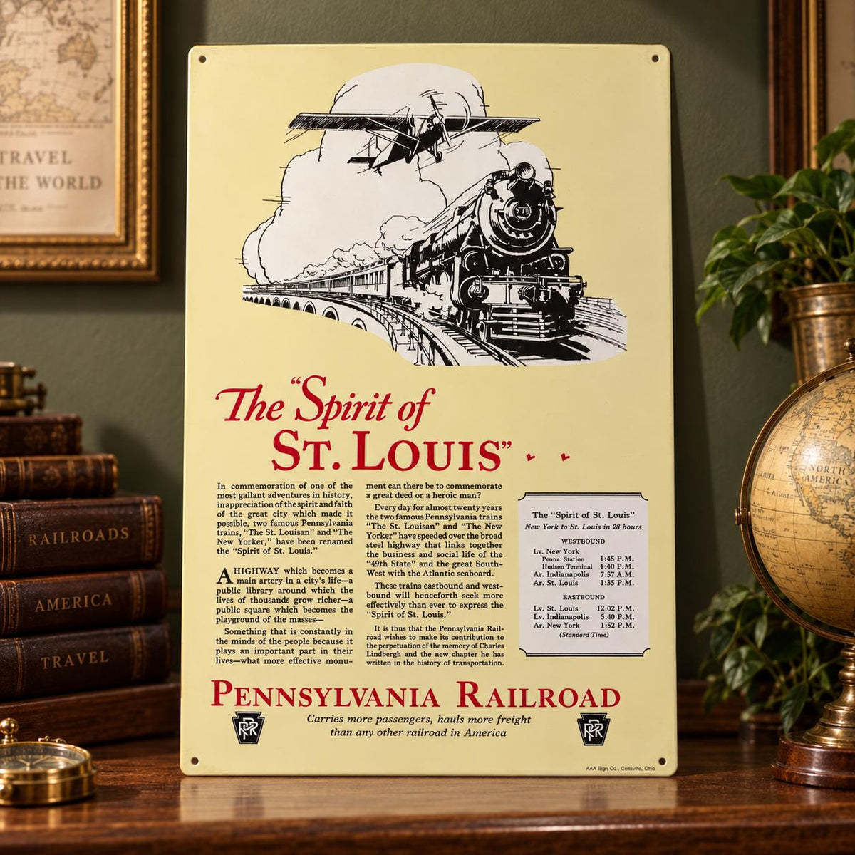 Letrero de Metal Estilo Vintage Pennsylvania Railroad “The Spirit of St. Louis” – 17 x 11