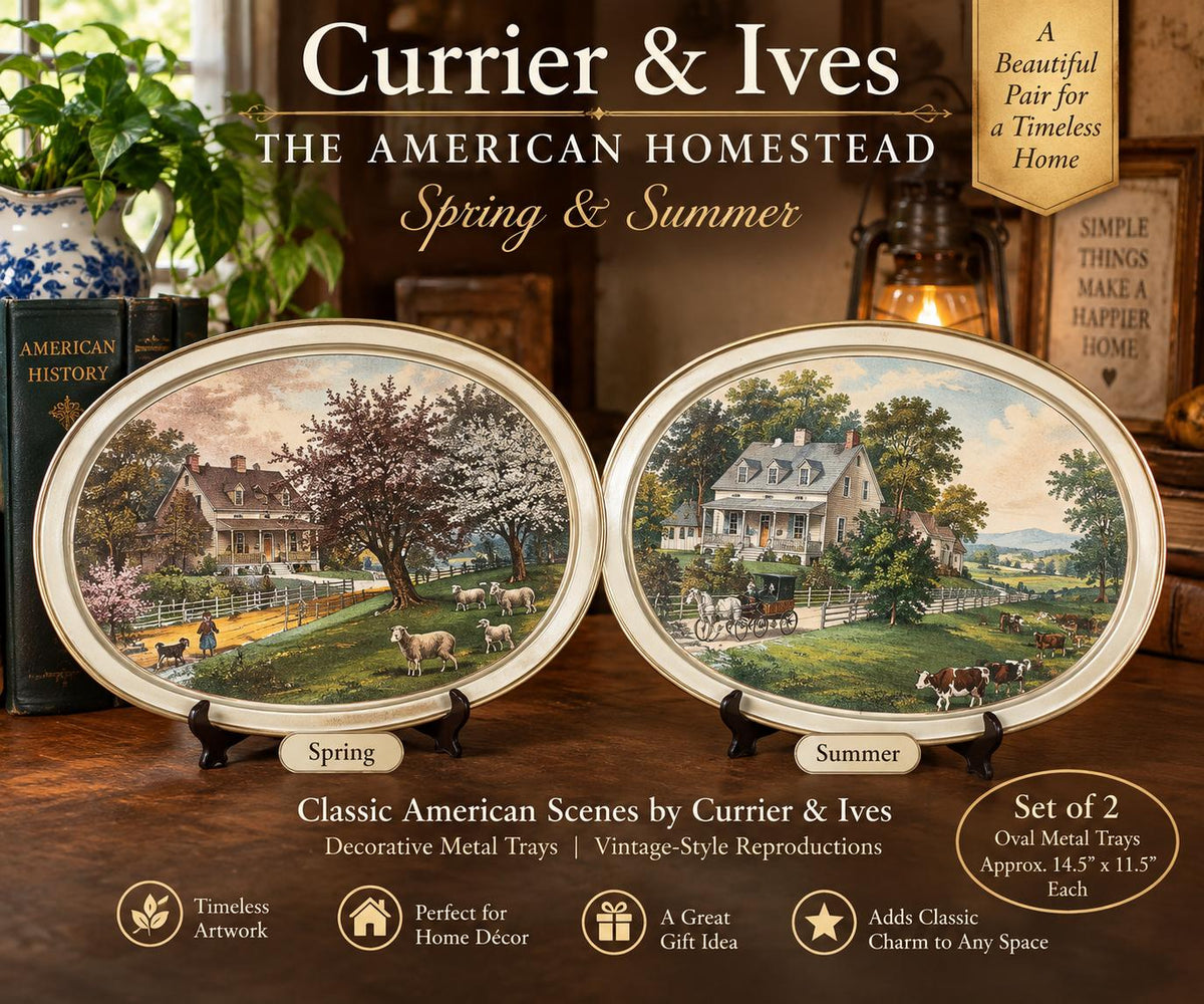 Bandejas de Metal Estilo Vintage Currier & Ives “The American Homestead” Primavera y Verano – Set de 2