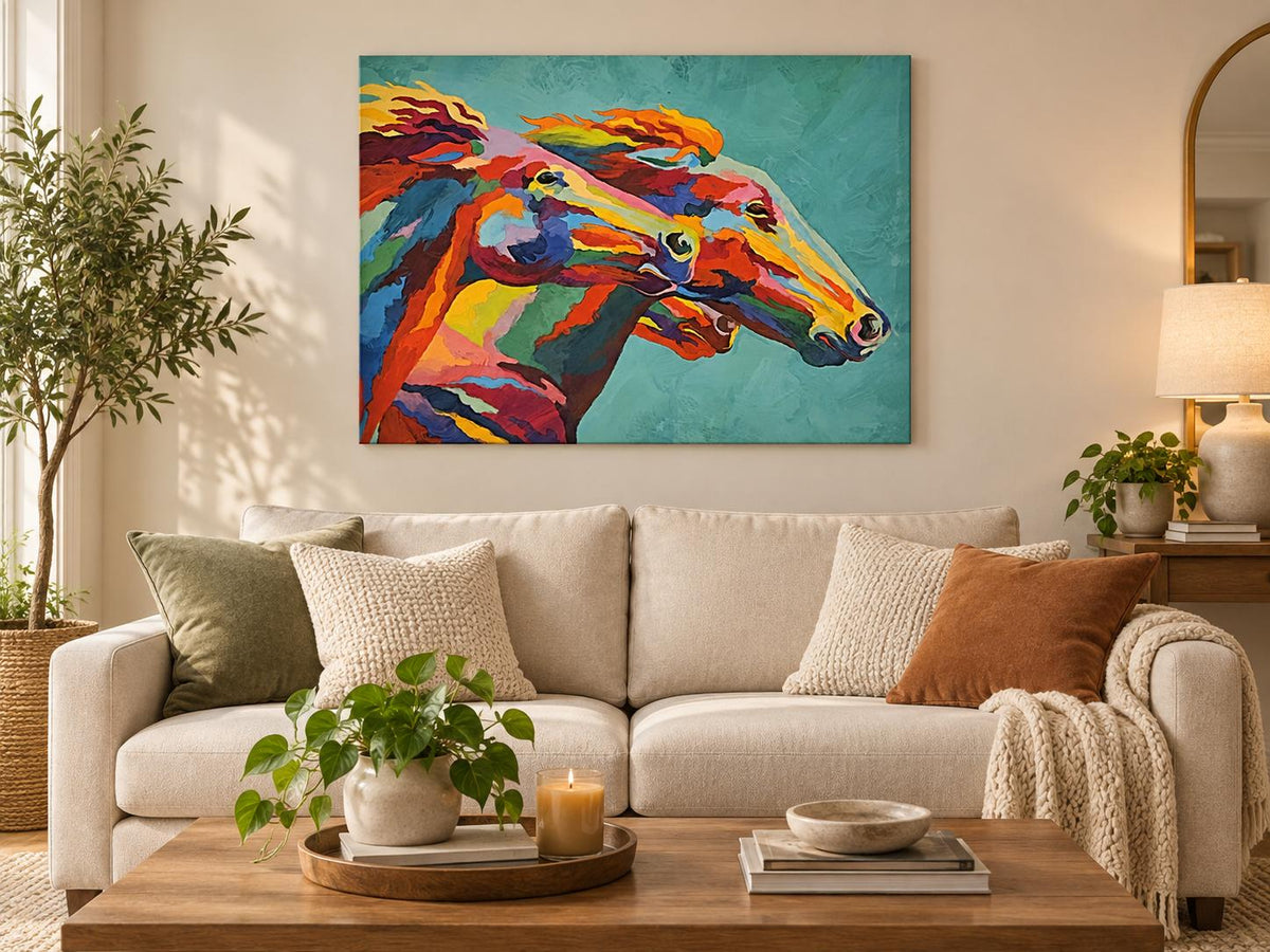 Cuadro Colorido de Caballos – Arte Contemporáneo con Dos Caballos – 20 x 16 in