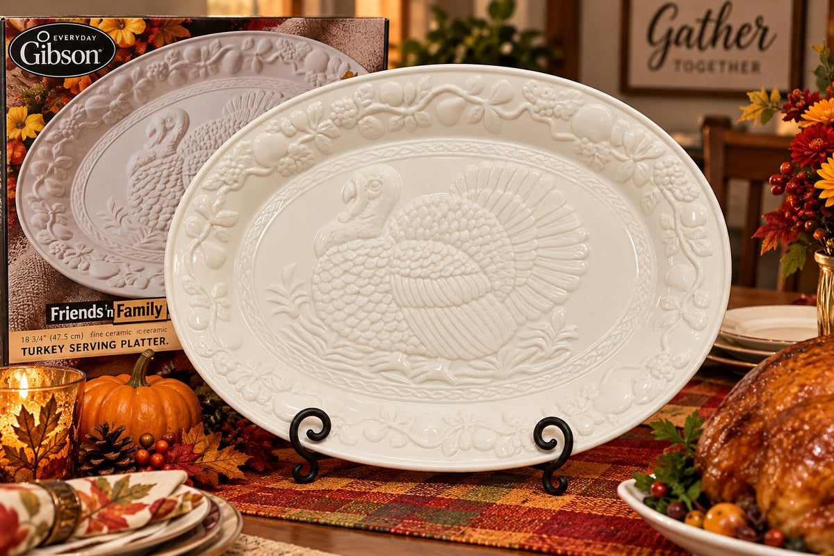 Bandeja para Servir Pavo Gibson Friends ’n Family – Cerámica Blanca de 18.75”