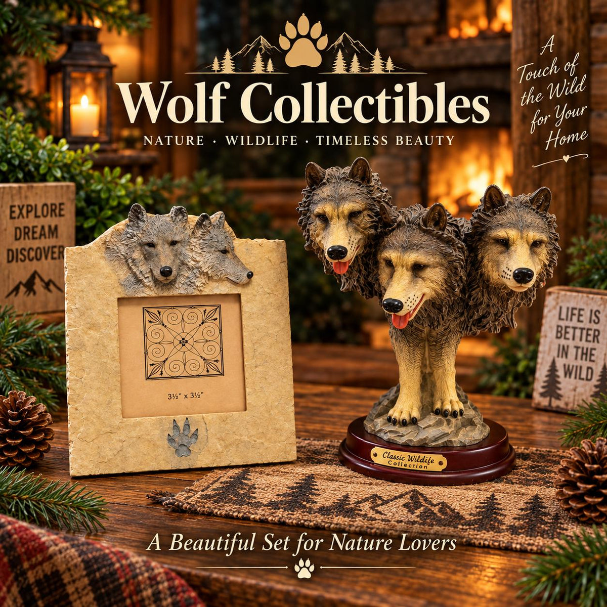 Set Coleccionable de Lobos – Figura Clásica de Vida Silvestre y Portarretratos Decorativo