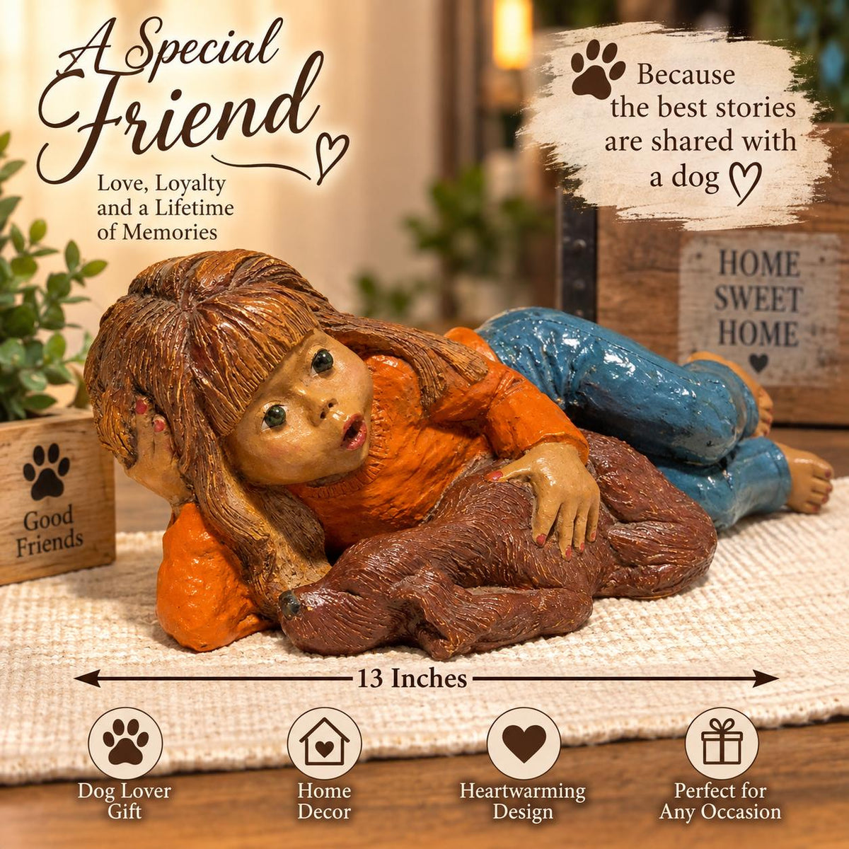 Figura de Niña Abrazando a su Perro – 13” – Decoración Entrañable para el Hogar