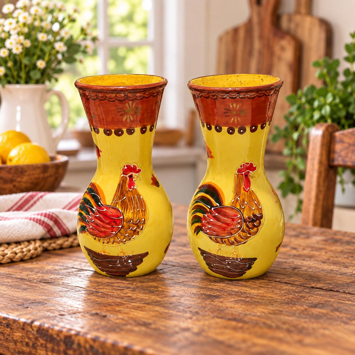 Par de Floreros de Vidrio con Gallos Pintados a Mano – Decoración Rústica Campestre