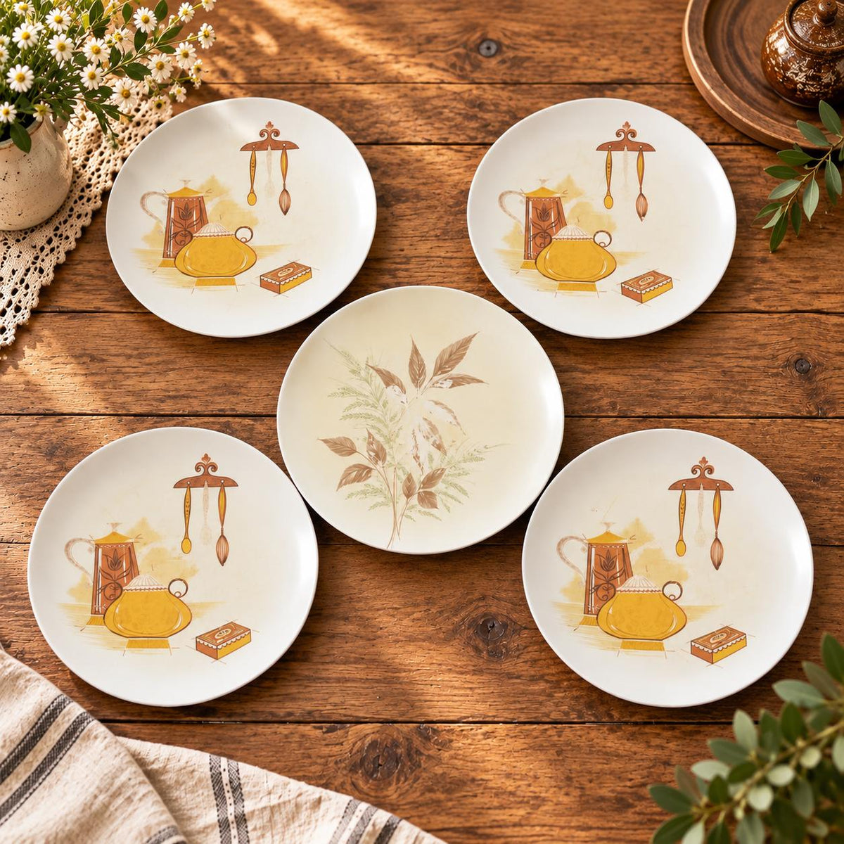 Set Vintage de 5 Platos de Melamina Texas-Ware – Decoración Retro para Cocina
