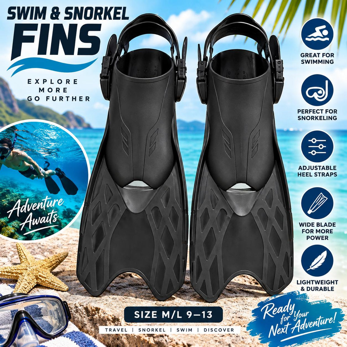 Aletas Ajustables Negras para Natación y Snorkel – Talla M/L 9–13