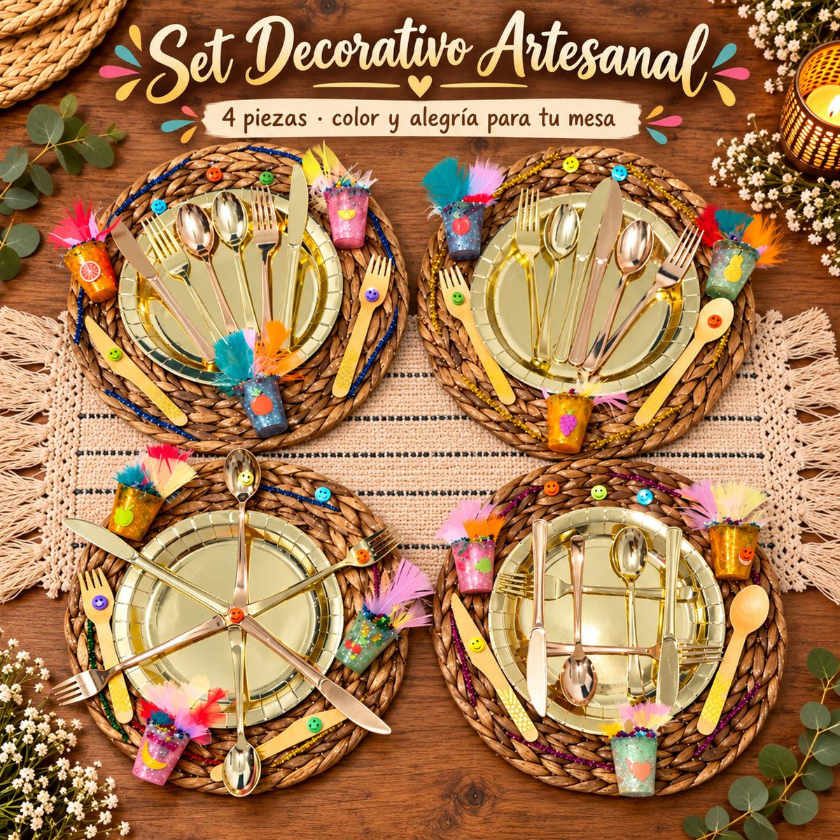 Set Decorativo de Mesa Hecho a Mano – 4 Piezas Coloridas