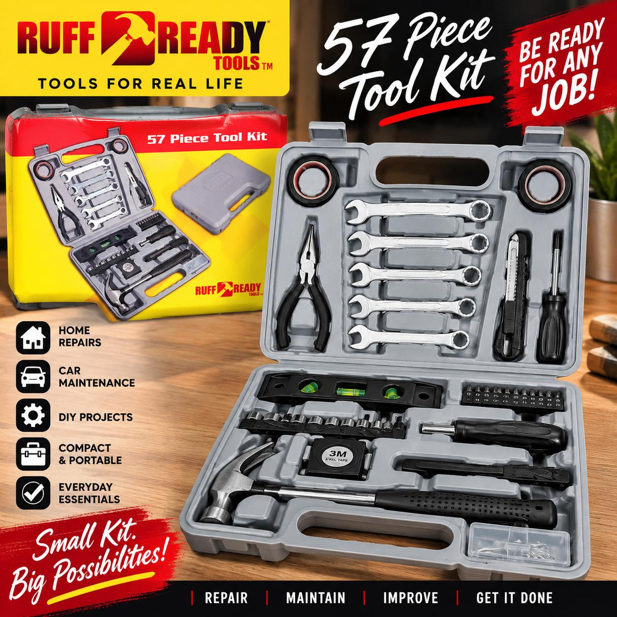 Kit de Herramientas Ruff & Ready de 57 Piezas – Set Portátil para Reparaciones del Hogar