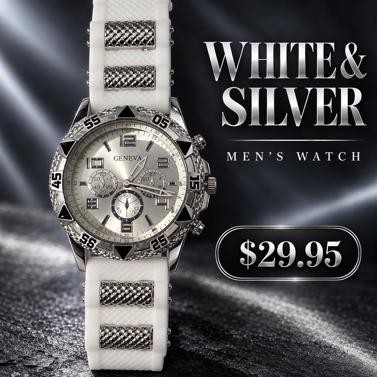 Reloj Geneva para Hombre Blanco y Plateado – Correa con Textura