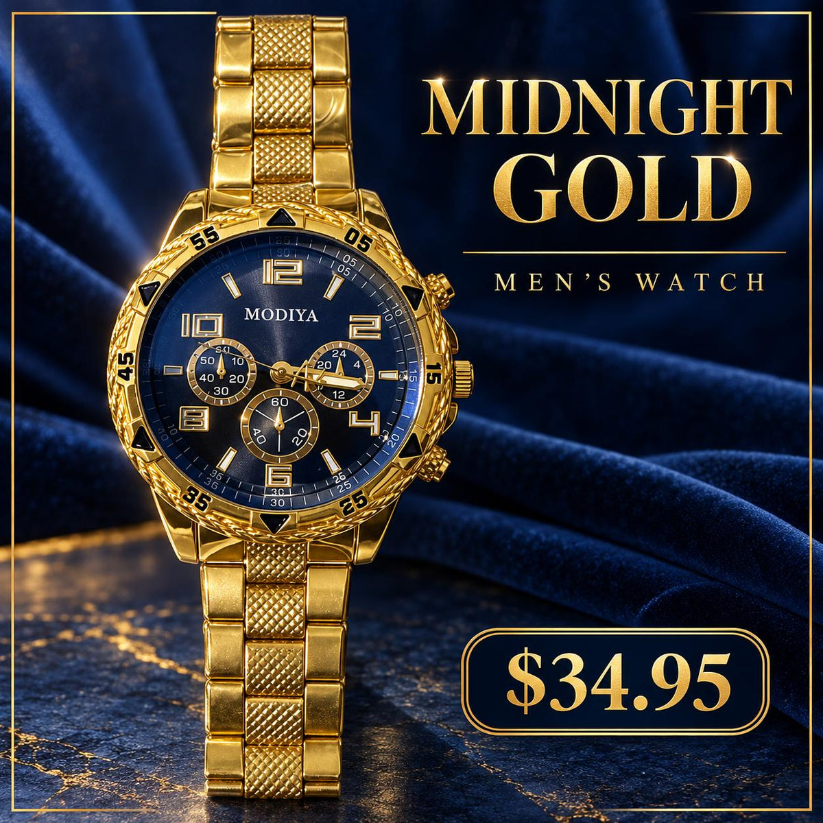Reloj MODIYA para Hombre con Brazalete Dorado – Esfera Azul Medianoche