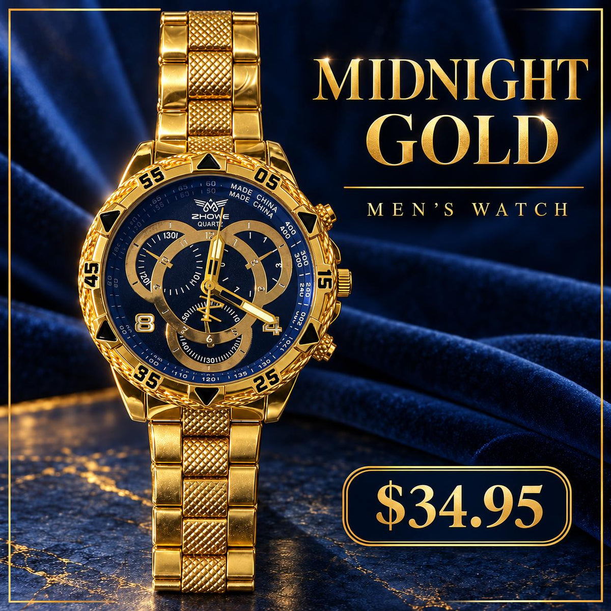 Reloj ZHOWE para Hombre con Brazalete Dorado – Esfera Azul Marino con Diseño de Círculos