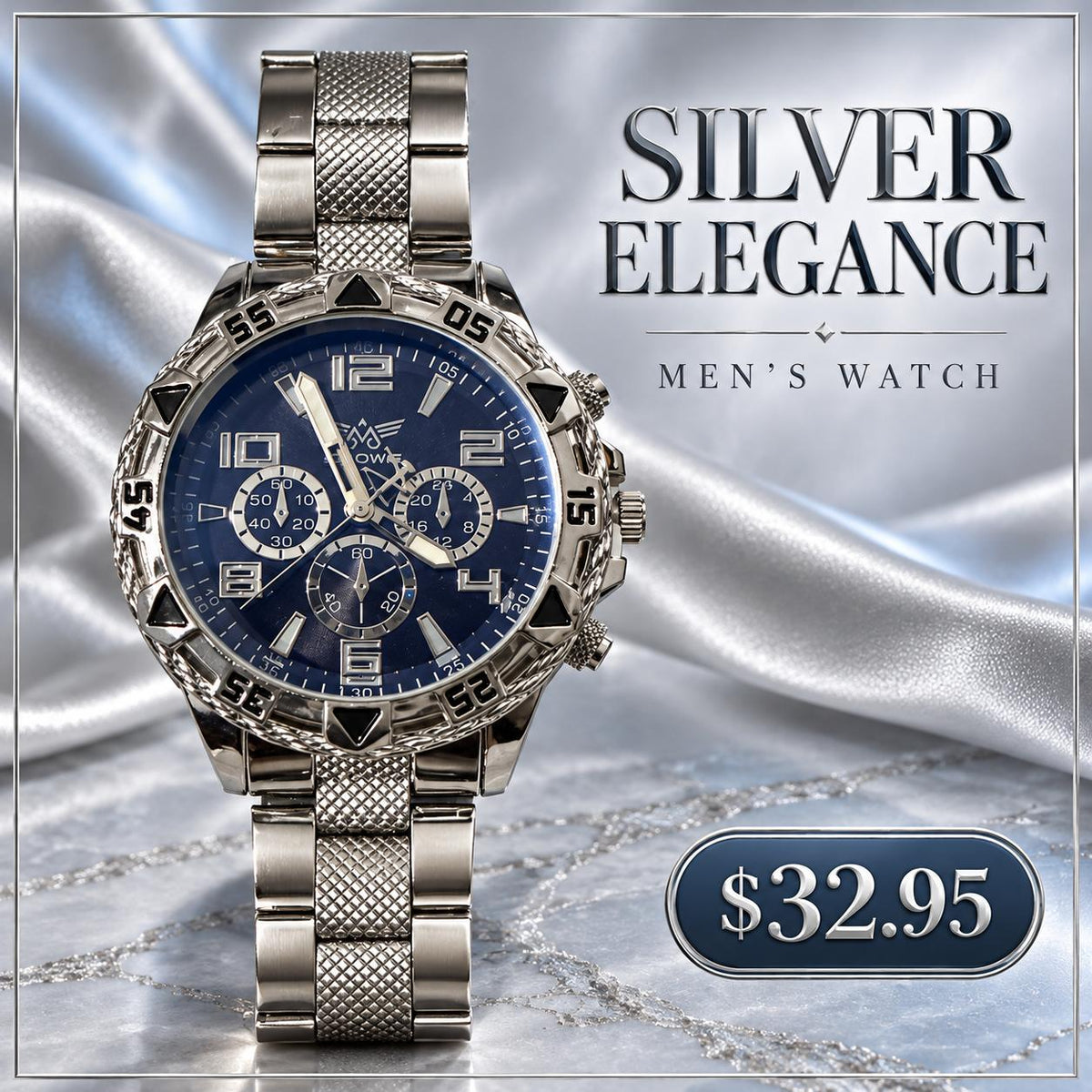 Reloj para Hombre con Brazalete Plateado – Esfera Azul Marino y Eslabones con Textura