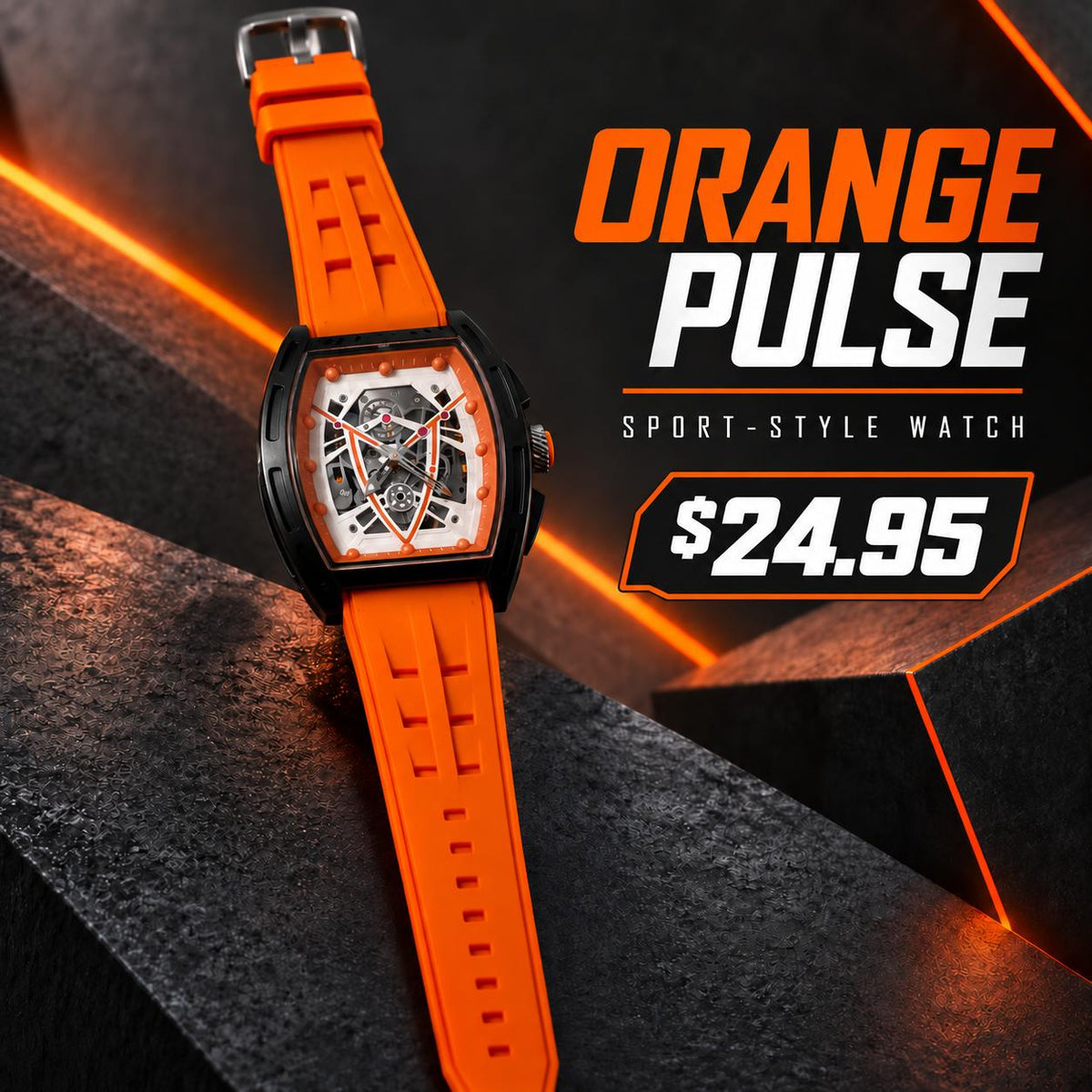 Reloj Deportivo para Hombre Naranja – Caja Negra y Esfera Geométrica