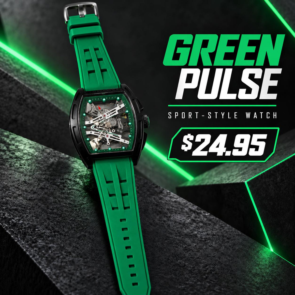 Reloj Deportivo para Hombre Verde – Caja Negra y Esfera Detallada
