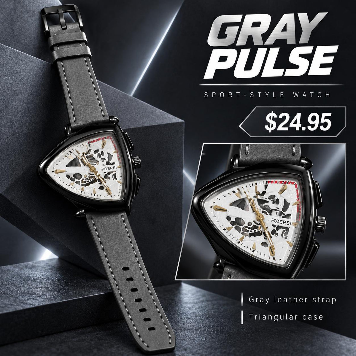 Reloj para Hombre con Correa de Cuero Gris – Caja Triangular Negra