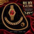 Ruby Glow – Set de Reloj y Joyería Dorado, 4 Piezas