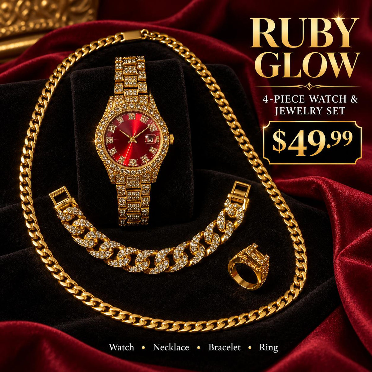 Ruby Glow – Set de Reloj y Joyería Dorado, 4 Piezas