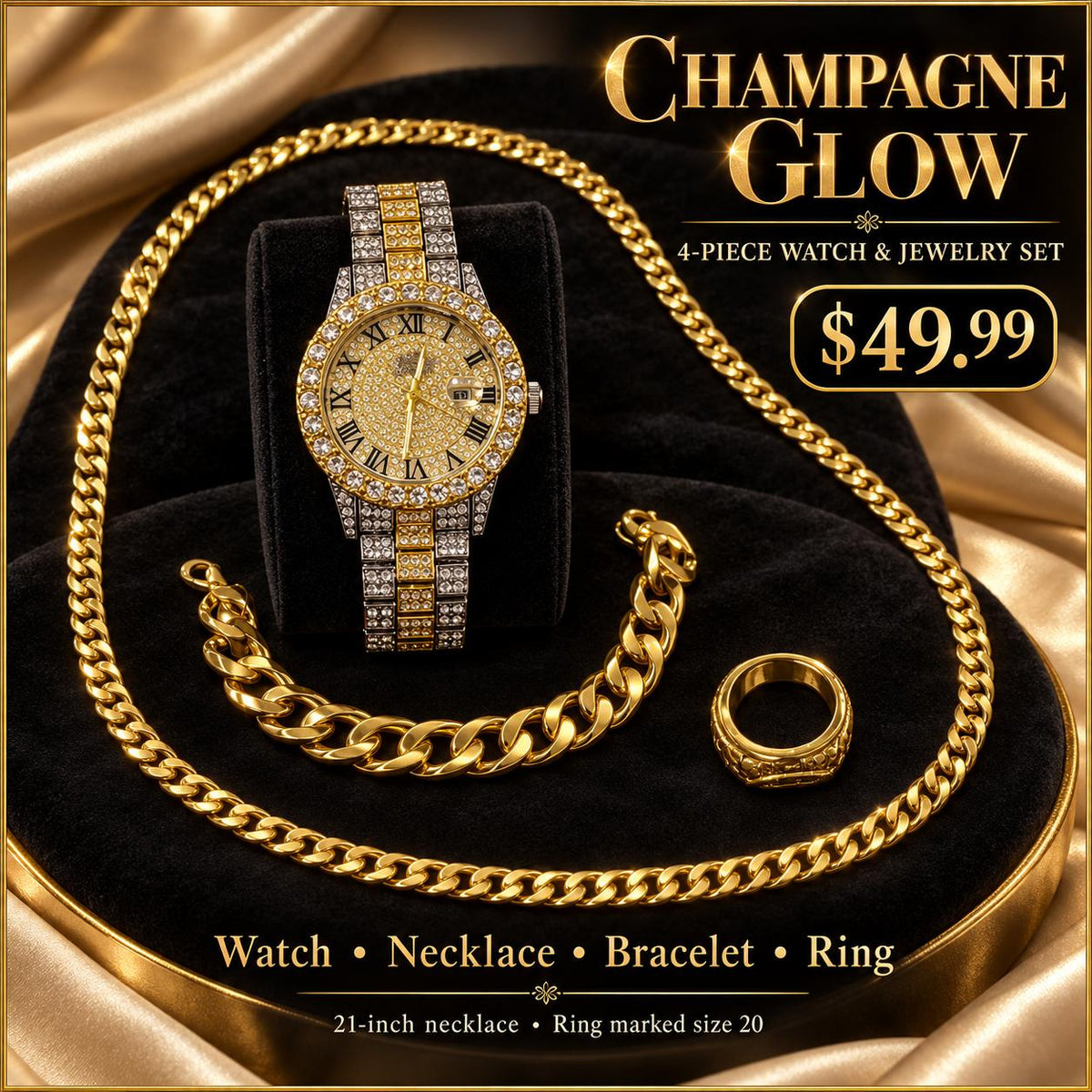 Champagne Glow – Set de Reloj Bicolor y Joyería Dorada, 4 Piezas