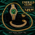 Emerald Glow – Set de Reloj Bicolor y Joyería Dorada, 4 Piezas