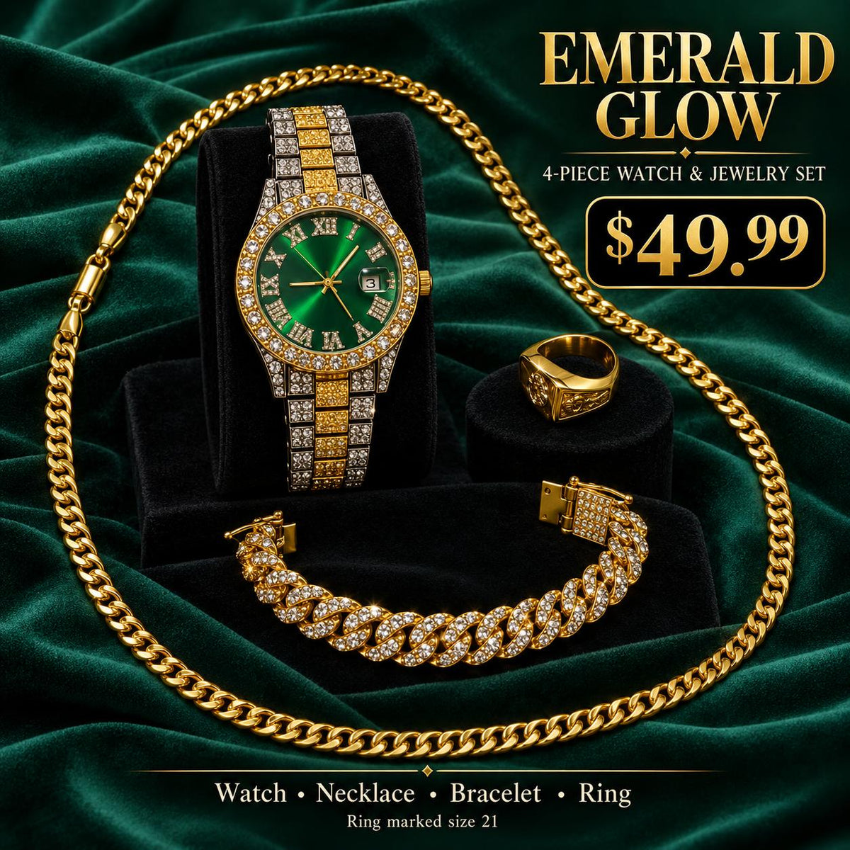 Emerald Glow – Set de Reloj Bicolor y Joyería Dorada, 4 Piezas