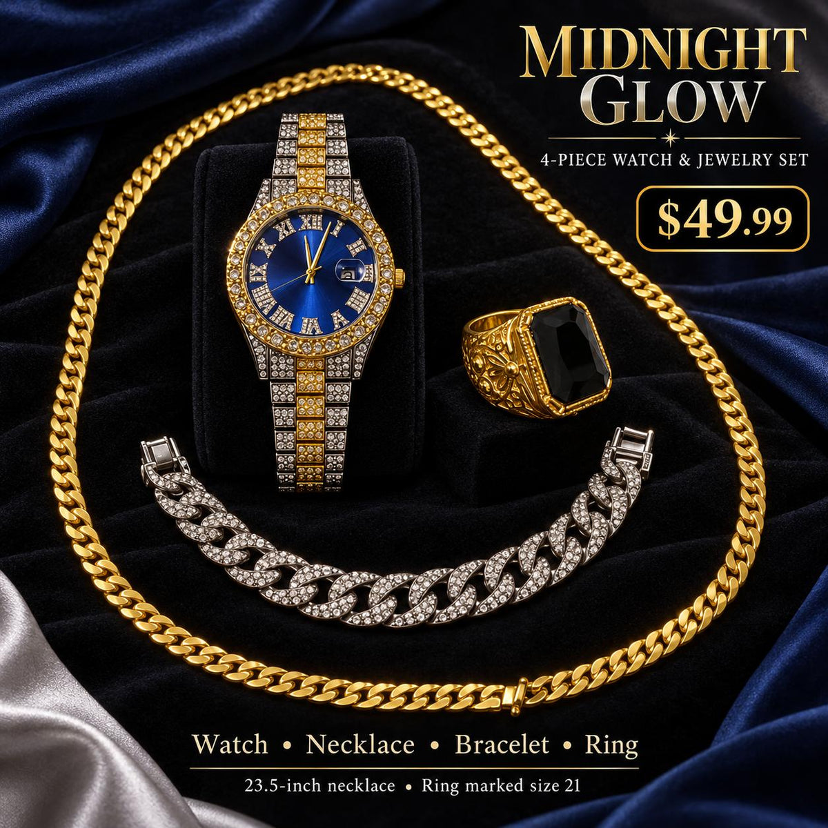 Midnight Glow – Set de Reloj Bicolor y Joyería, 4 Piezas