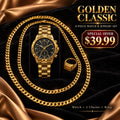 Golden Classic – Set de Reloj Dorado, Dos Cadenas y Anillo