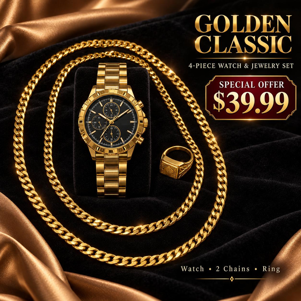 Golden Classic – Set de Reloj Dorado, Dos Cadenas y Anillo