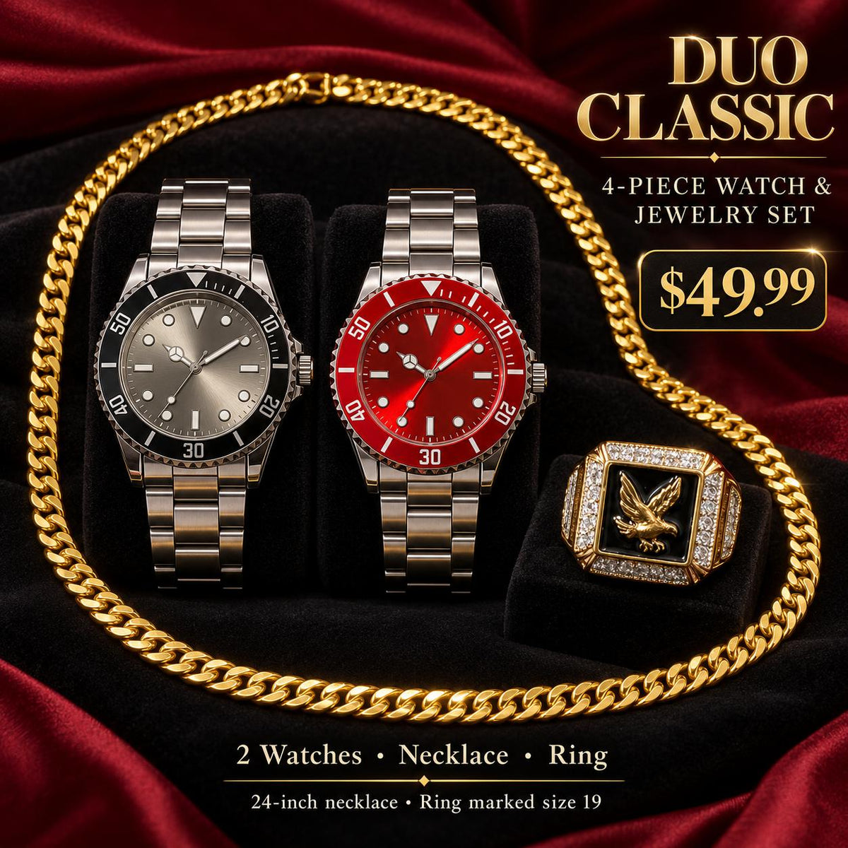 Duo Classic – Set de 2 Relojes, Collar de Eslabón Cubano y Anillo de Águila