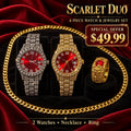 Scarlet Duo – Set de Dos Relojes con Esfera Roja y Joyería, 4 Piezas