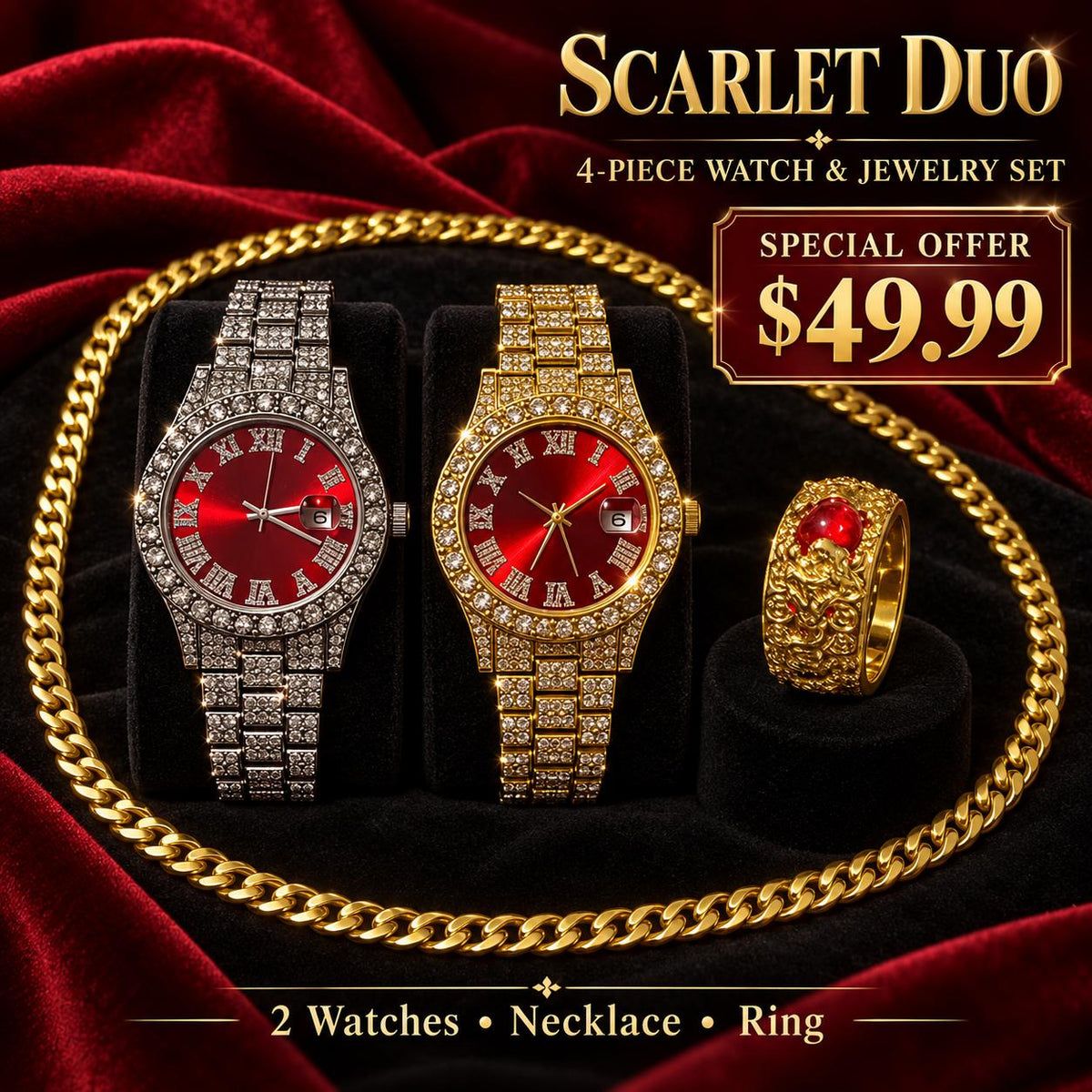 Scarlet Duo – Set de Dos Relojes con Esfera Roja y Joyería, 4 Piezas