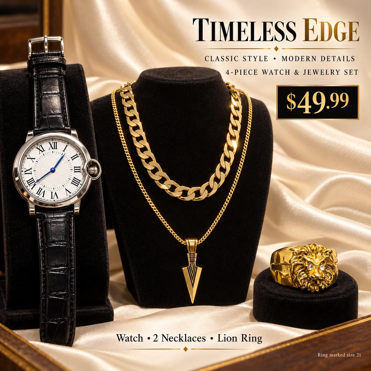 Timeless Edge – Set de Reloj Clásico y Joyería, 4 Piezas