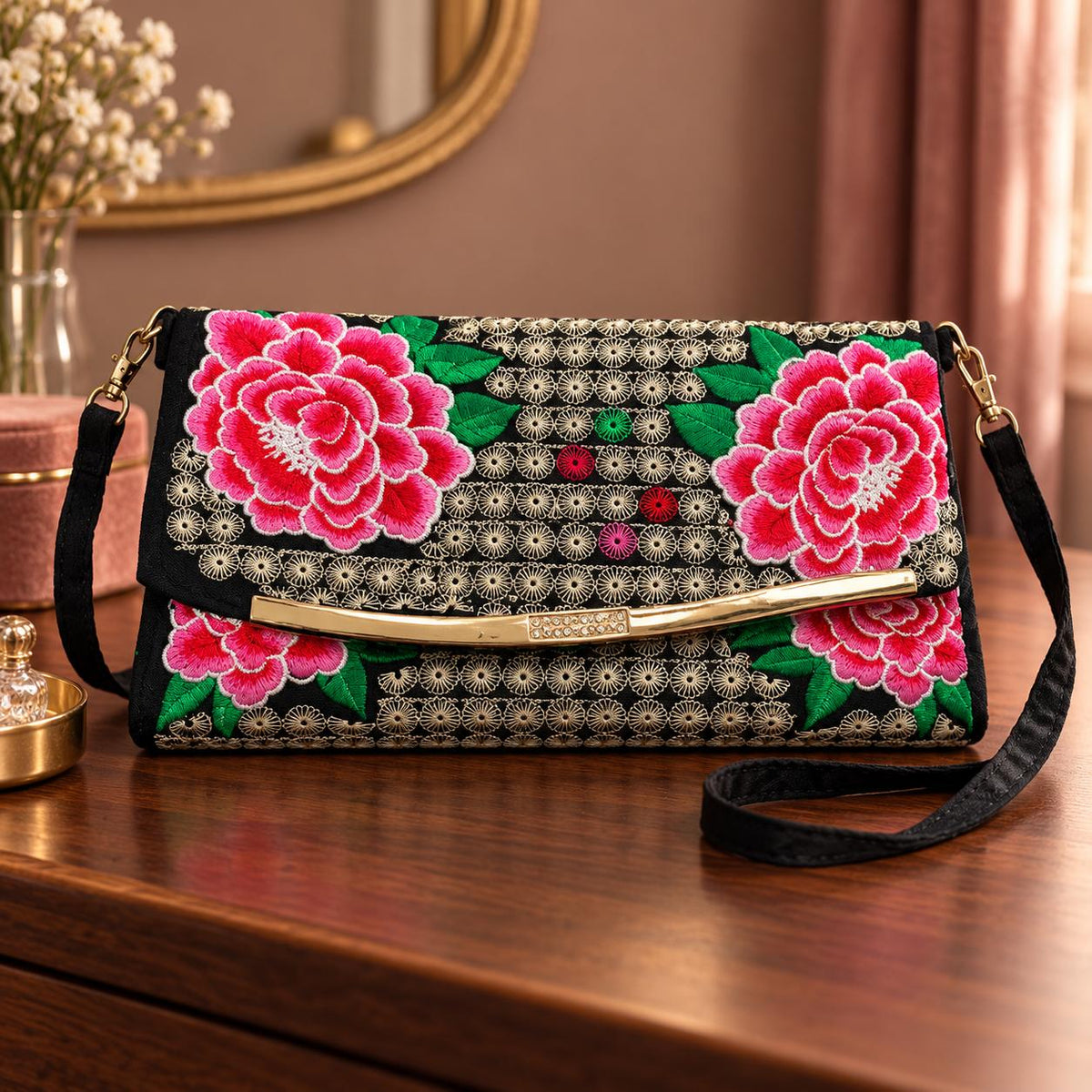 Encanto Floral — Bolso negro bordado con flores