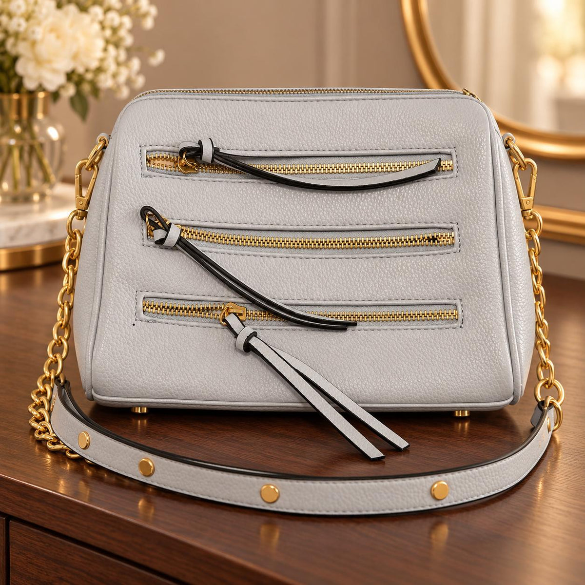 Elegancia Urbana — Bolso gris con detalles dorados