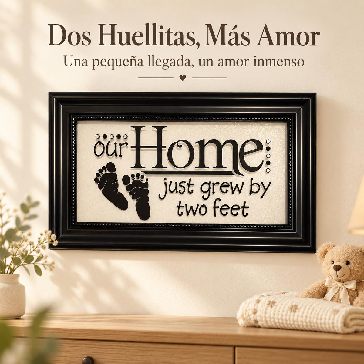 Dos Huellitas, Más Amor — Cuadro decorativo de bienvenida para bebé