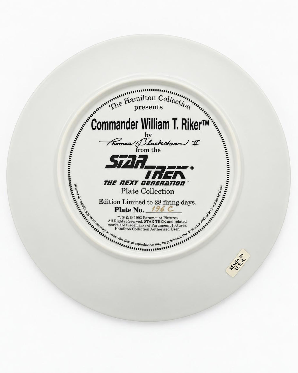 Plato de Colección Comandante William T. Riker – Star Trek: The Next Generation, 5.º Aniversario