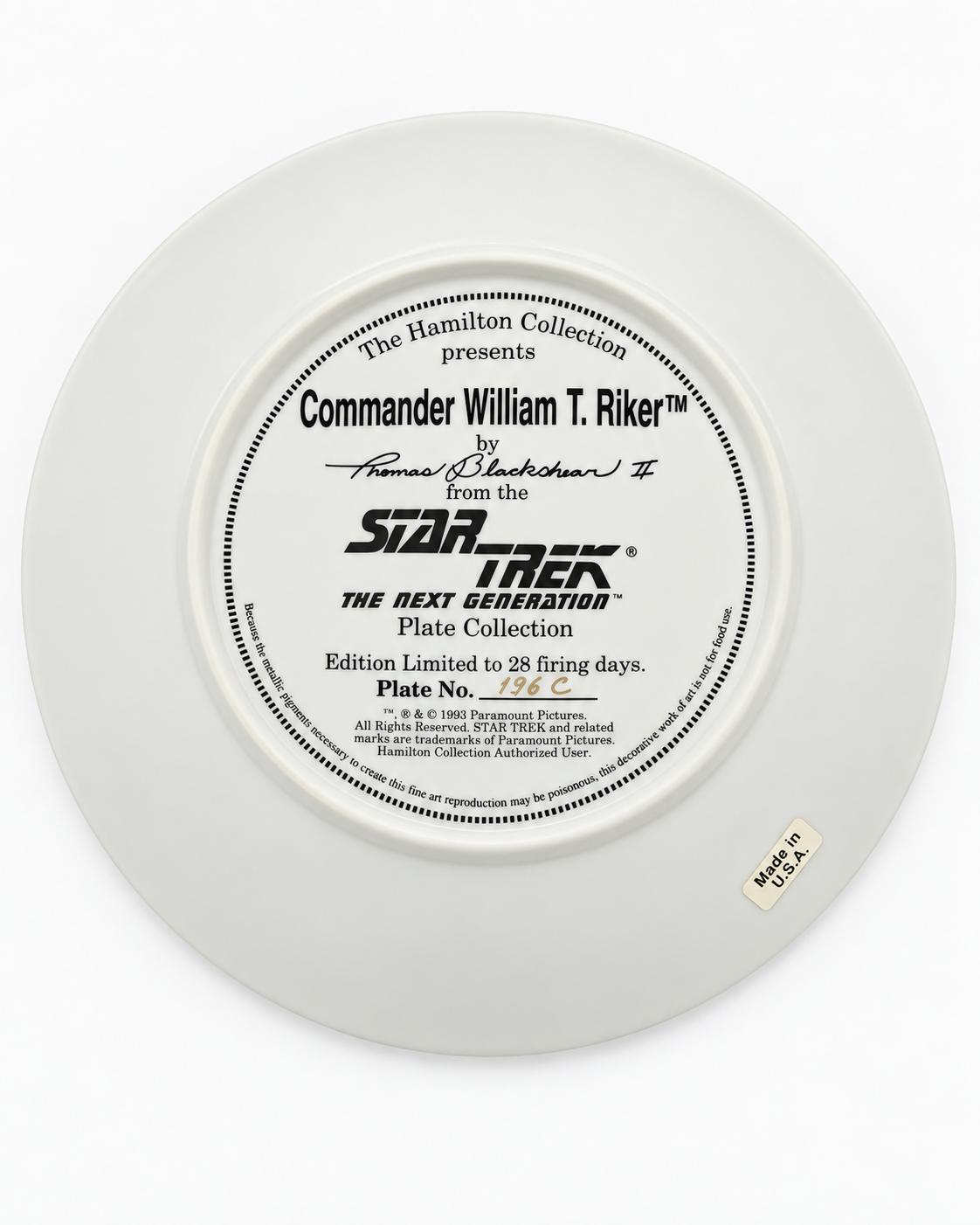 Plato de Colección Comandante William T. Riker – Star Trek: The Next Generation, 5.º Aniversario