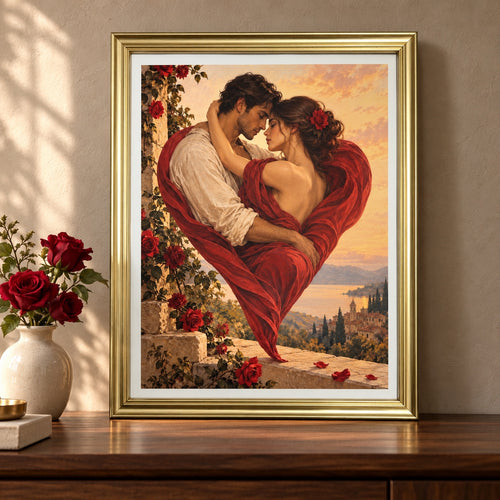 Abrazo del Corazón — Cuadro romántico con marco dorado