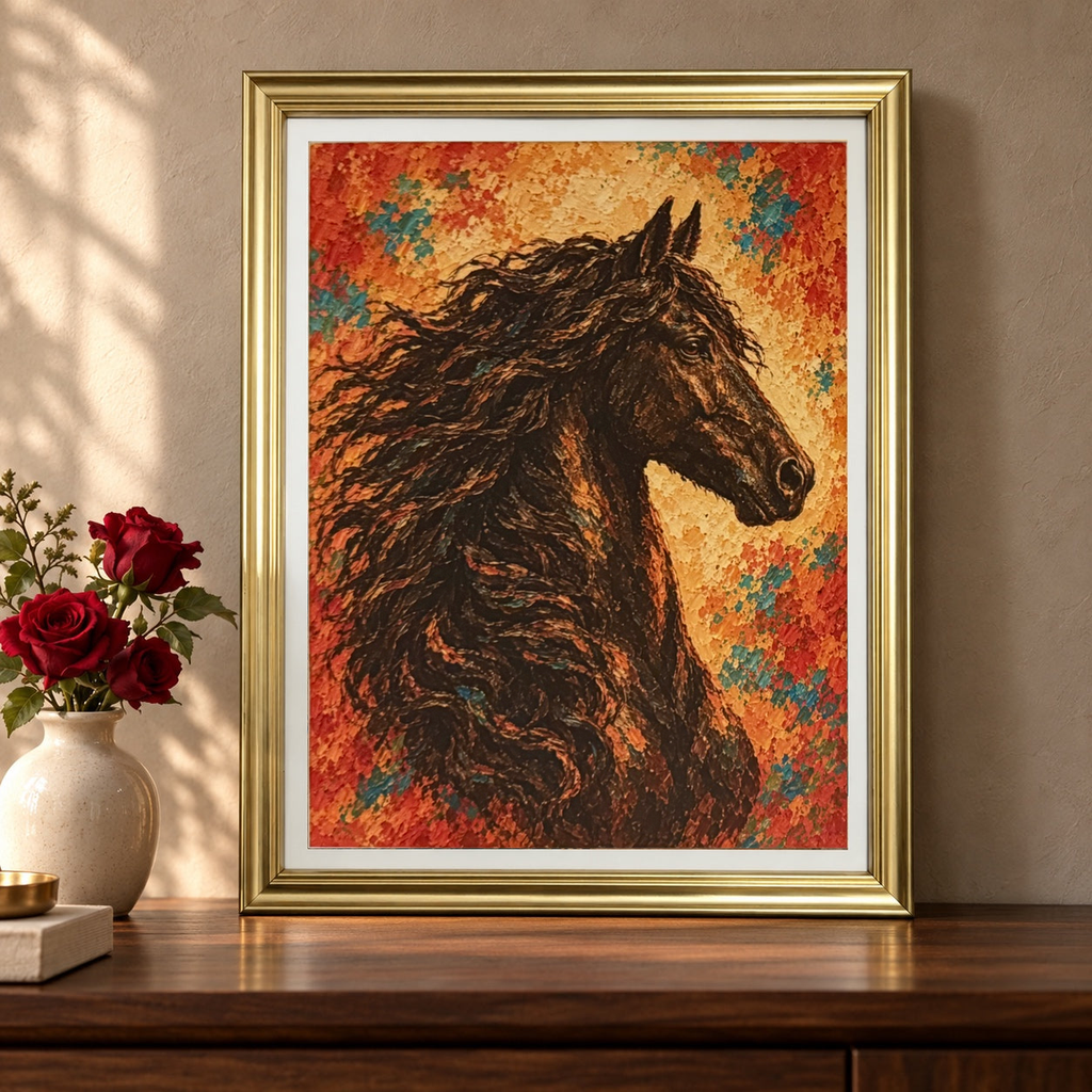 Detalle del cuadro del caballo negro de perfil con crin al viento y marco dorado