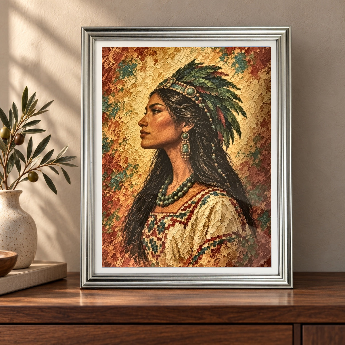Detalle del cuadro de la joven ancestral con tocado de plumas y collar de jade en marco plateado