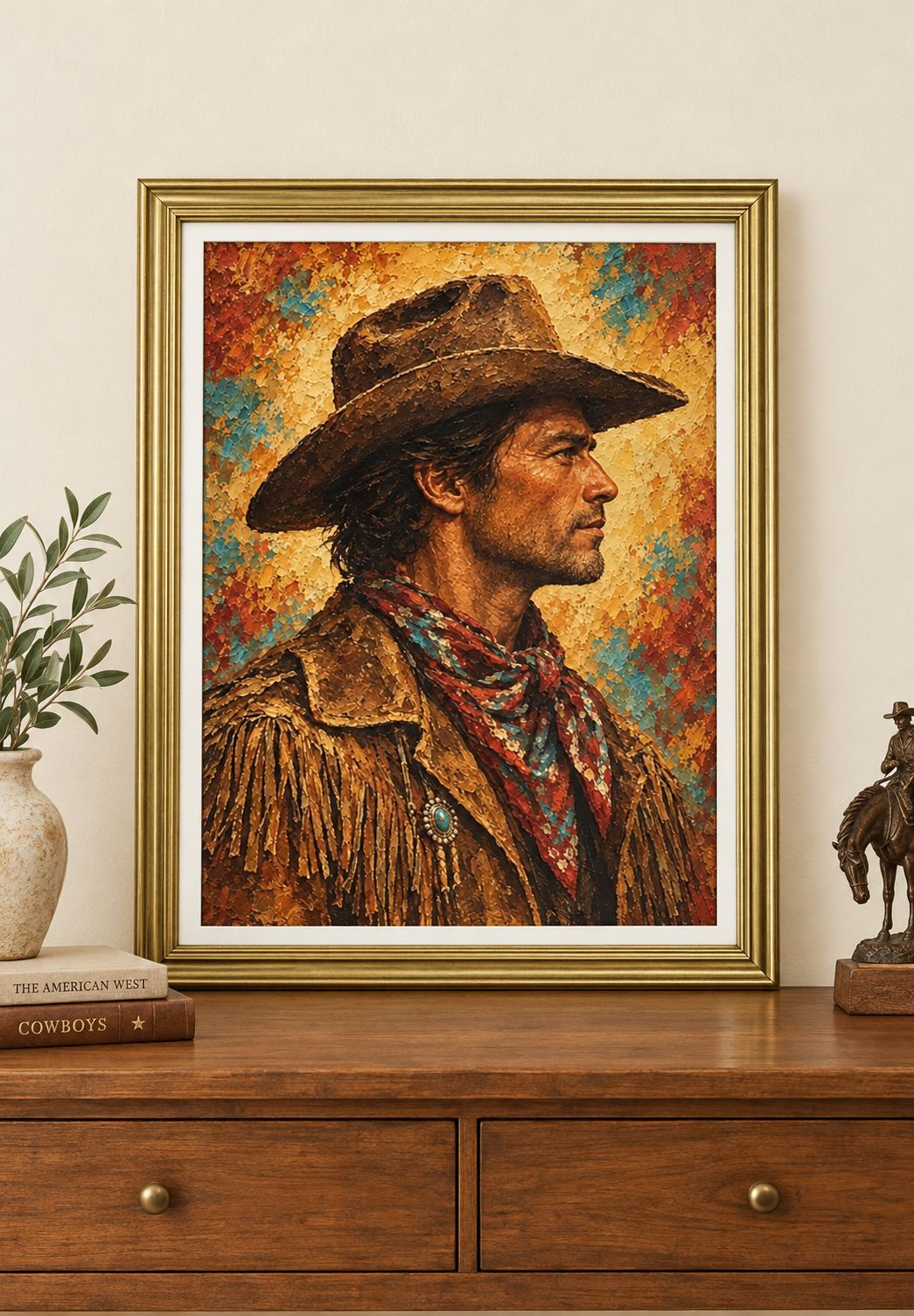 Detalle del cuadro de vaquero de perfil con sombrero, pañuelo rojo y turquesa y marco dorado