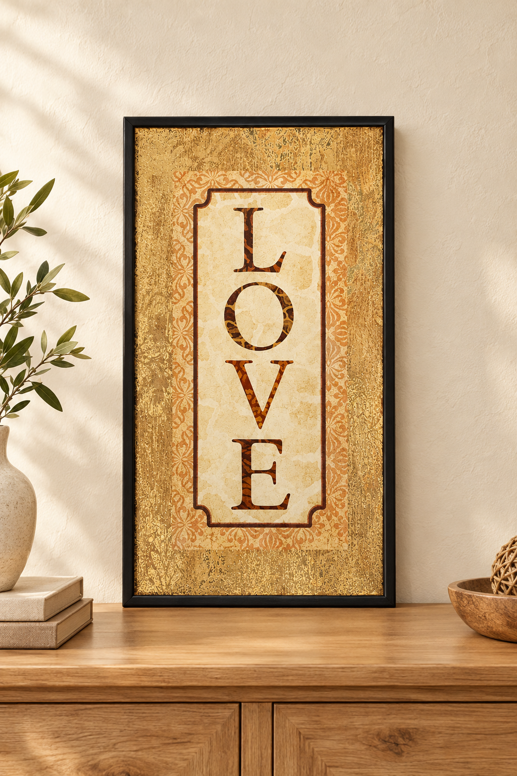 Cuadro Decorativo Vertical LOVE con Acabado Dorado Texturizado – 11 x 7 pulgadas
