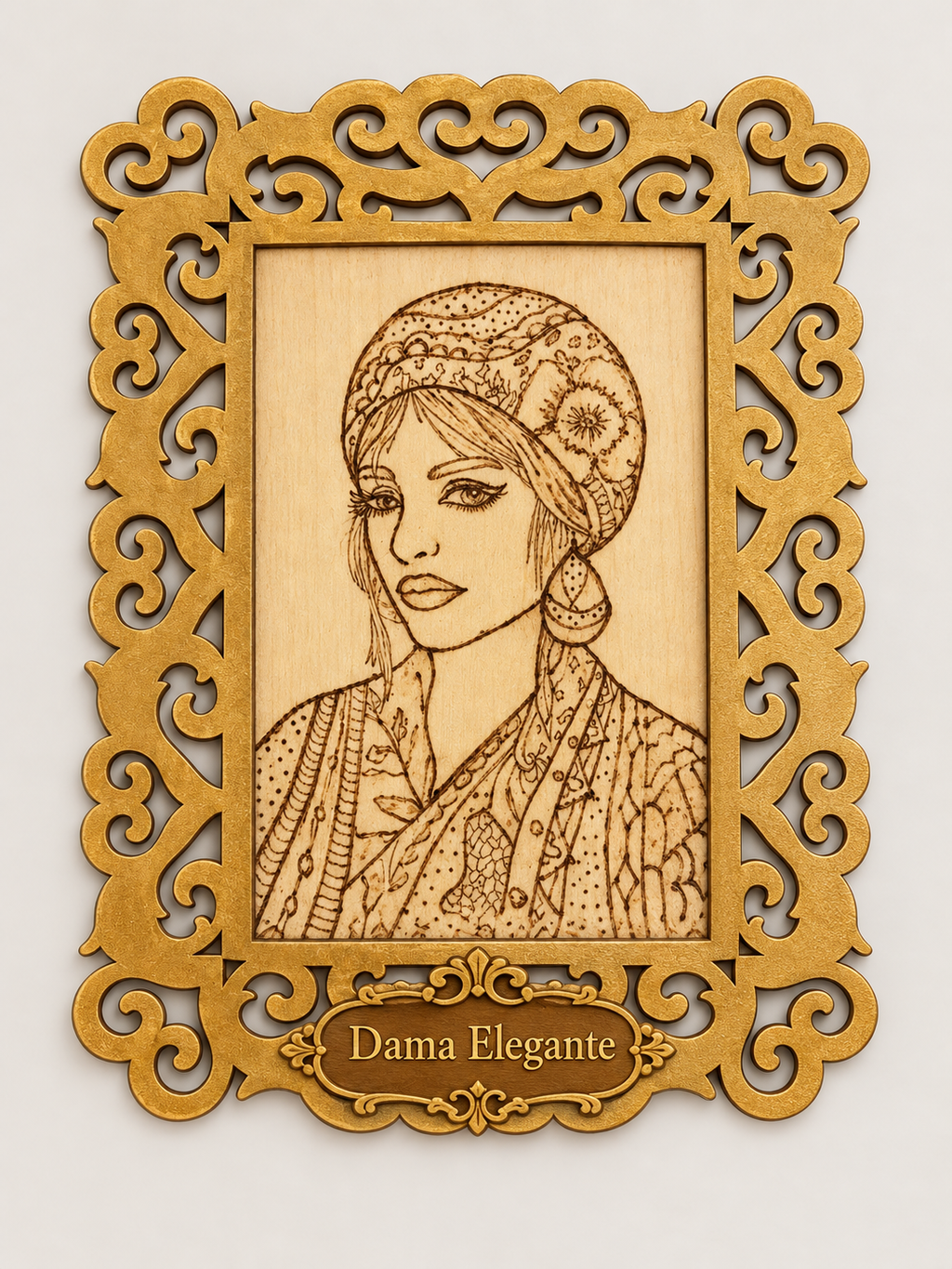 Diseño Dama Elegante - arte en madera pirograbado con placa de nombre