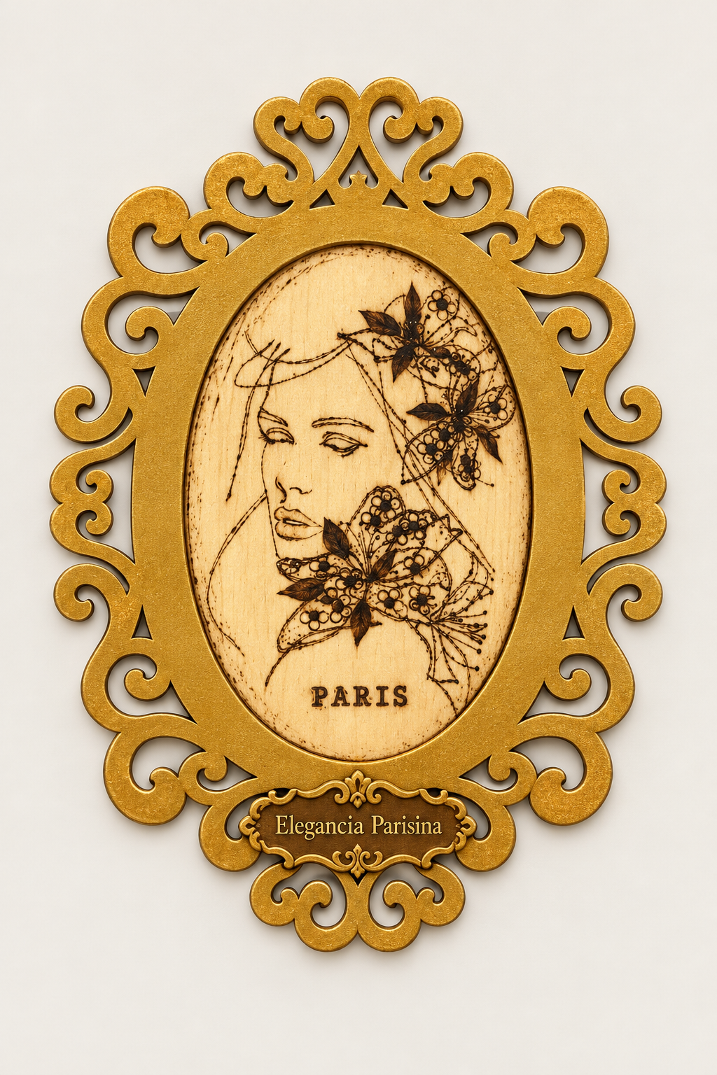 Diseño Elegancia Parisina - arte en madera pirograbado con placa de nombre