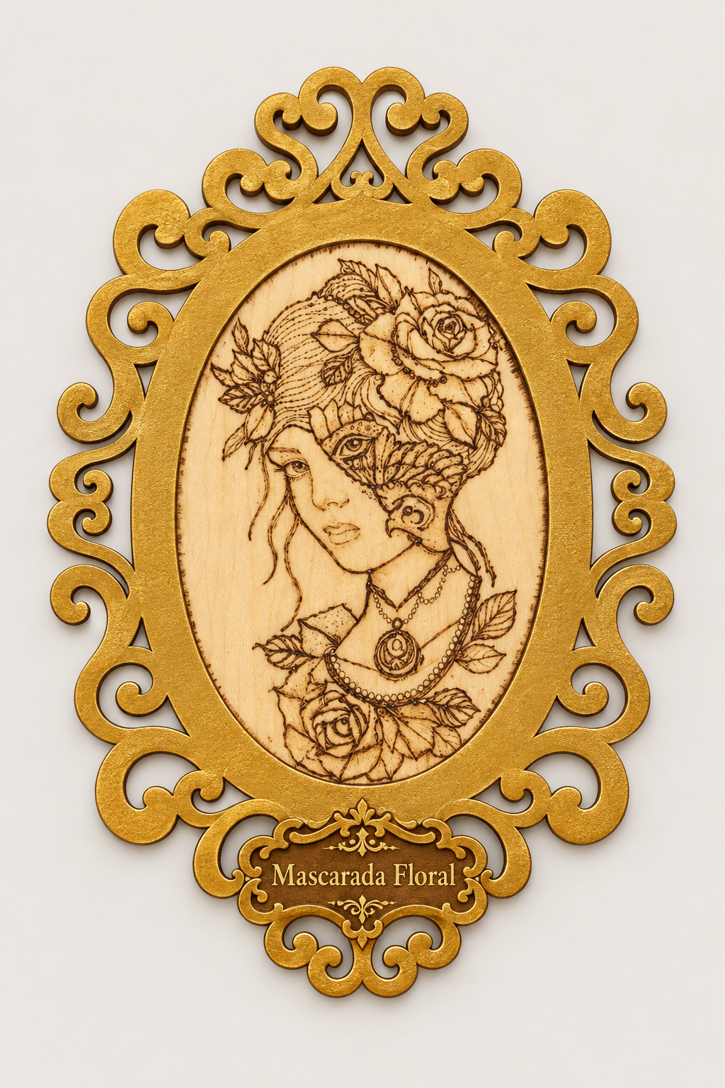 Diseño Mascarada Floral - arte en madera pirograbado con placa de nombre