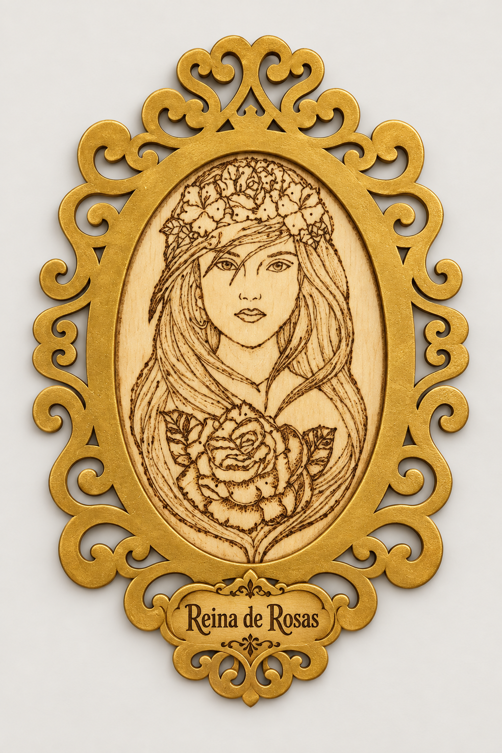 Diseño Reina de Rosas - arte en madera pirograbado con placa de nombre